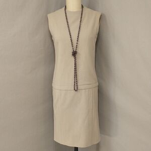Vintage Wool Sleeveless Dress Drop Waist Jumper Style Pockets Beige Neutral SeeM